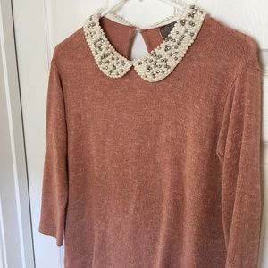 Beaded collar blush colored top size M